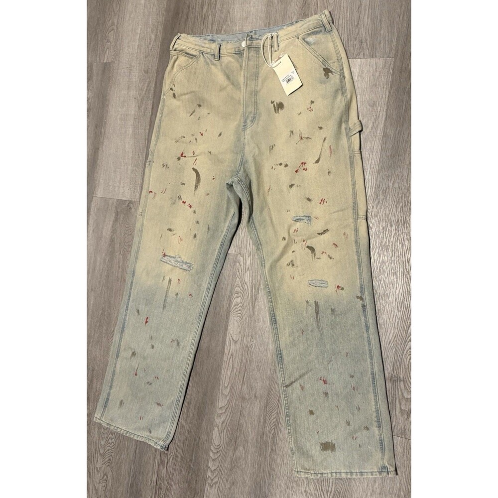 mnml Jeans Mens 38x34 Blue Ultra Baggy Painted Work Denim Light Wash Carpenter